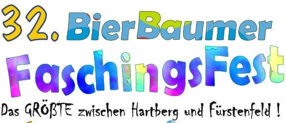 Poster for the 32nd Bierbaumer FaschingsFest, featuring a clown, balloons, and a woman singing. Event date is February 14, 2026.