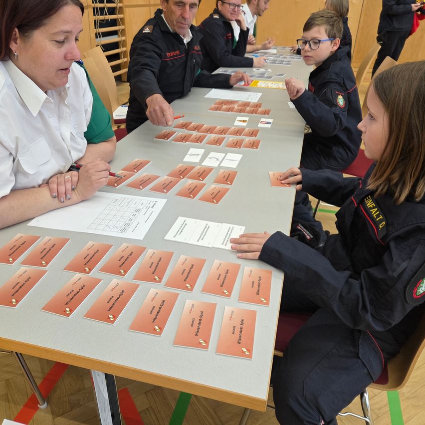 A group of people are gathered around a table, possibly participating in a training activity. They are wearing uniforms and holding cards.