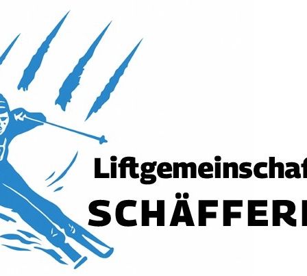 Ein Skifahrer mit der Nummer 27 fährt einen schneebedeckten Hang hinunter. Der Text lautet Liftgemeinschaft Schäffern.