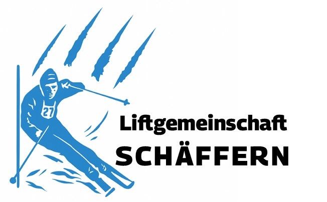 Ein Skifahrer mit der Nummer 27 fährt einen schneebedeckten Hang hinunter. Der Text lautet Liftgemeinschaft Schäffern.