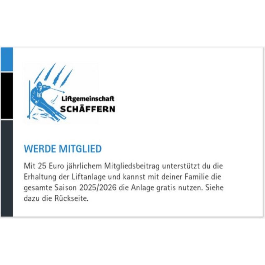 A flyer advertising membership in a lift cooperative. It highlights the benefits of joining, including free use of the lift for the entire 2025/2026 season with a 25 Euro annual membership fee.
