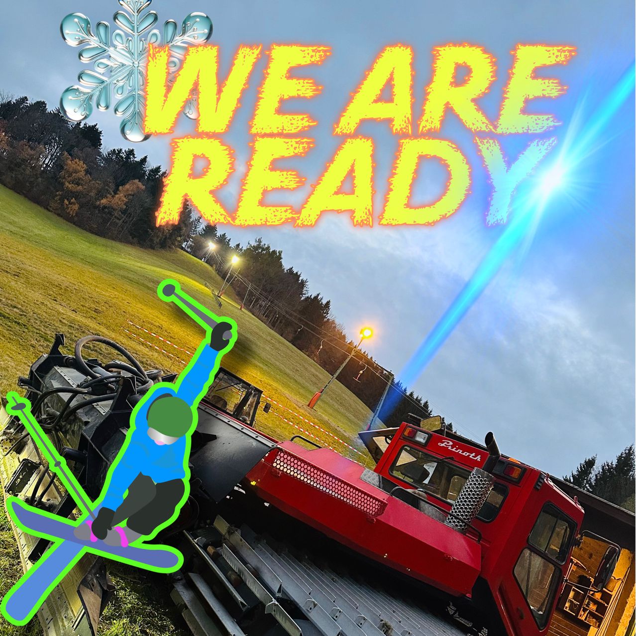 Schneepflug auf einem verschneiten Hang mit einem fallenden Skifahrer davor, mit den Worten 'Wir sind bereit' darüber geschrieben.