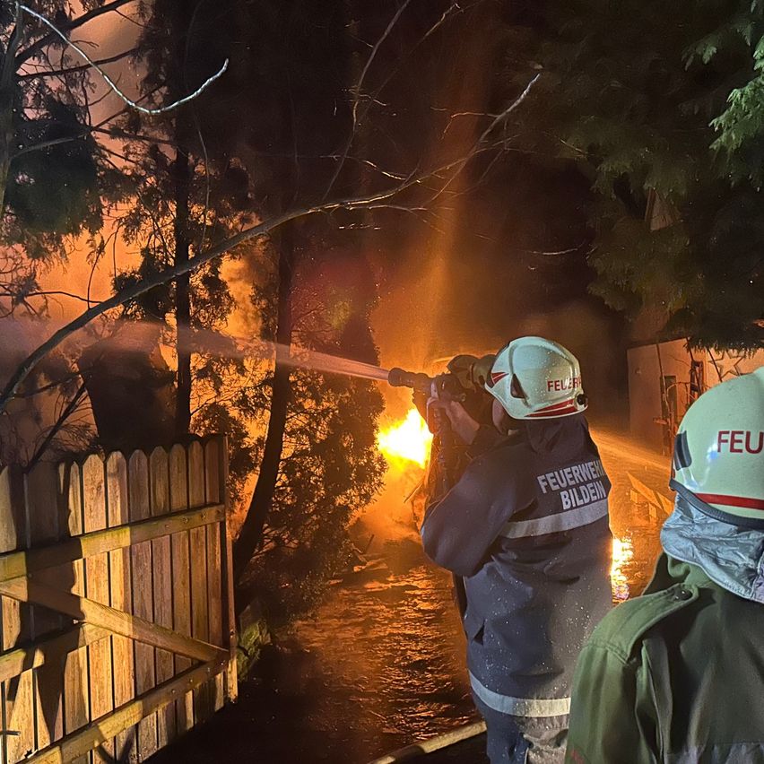 Firefighters are battling a blaze in a forest area. One firefighter is using a hose while another stands by. The fire is intense, and trees are burning.