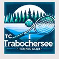 Illustration eines Tennisplatzes mit Tennisball und Schläger, vor dem Hintergrund von Bäumen und einem Vollmond. Der Text lautet 'TC Trabochersee - Tennis Club'.