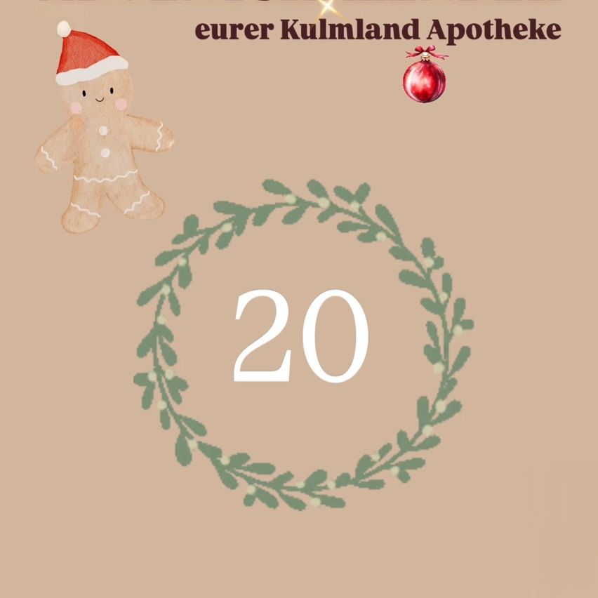 Ein festliches Bild mit einem Lebkuchenmann in einem Weihnachtshut und einer Girlande mit der Nummer 20. Über dem Lebkuchenmann befindet sich ein roter Weihnachtsschmuck. Der Hintergrund ist beige.
