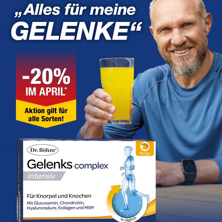 A smiling man holds a glass of orange juice and a box of Gelenks Complex. The advertisement shows a 20% discount in April.