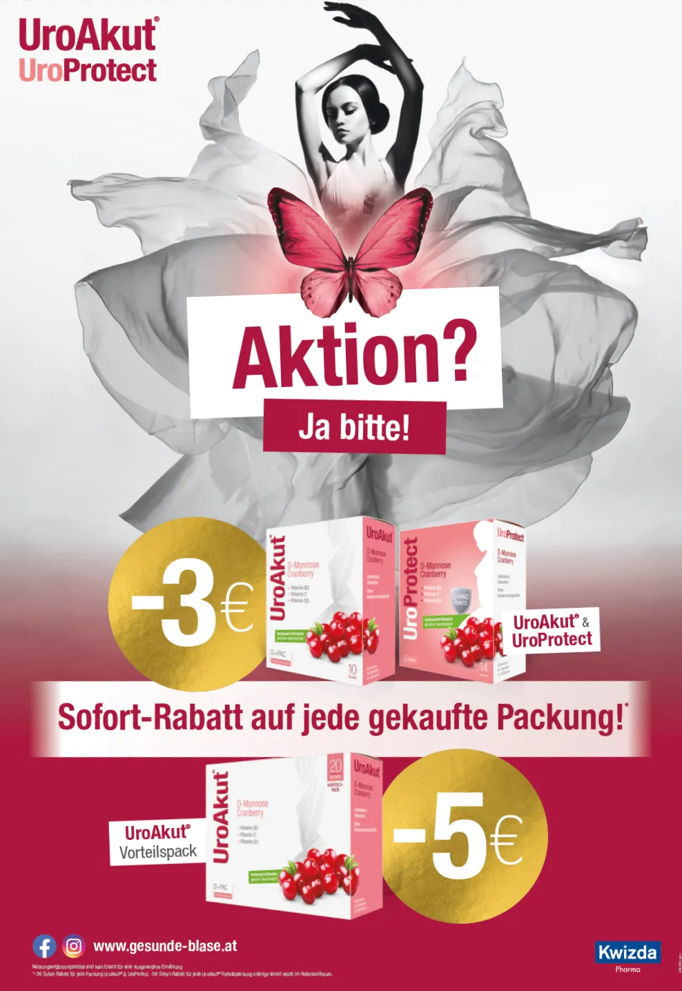 Werbeposter für UroAkut und UroProtect mit einer Schmetterling und einem Rabatt von 3 Euro. Die Produkte sind mit ihrer Verpackung und einem roten Hintergrund dargestellt.