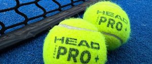 Zwei Tennisbälle mit der Aufschrift HEAD PRO liegen auf einem blauen Platz unter einem schwarzen Netz. Der Text lautet: 'Was ist der Unterschied zwischen Padel- und Tennisbällen?'
