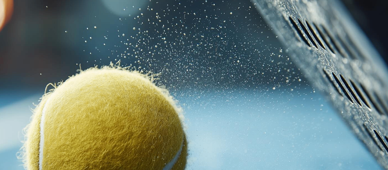 Ein Tennisball trifft auf den blauen Platz und erzeugt eine Staubwolke. Der Ball ist gelb mit einer weißen Linie.