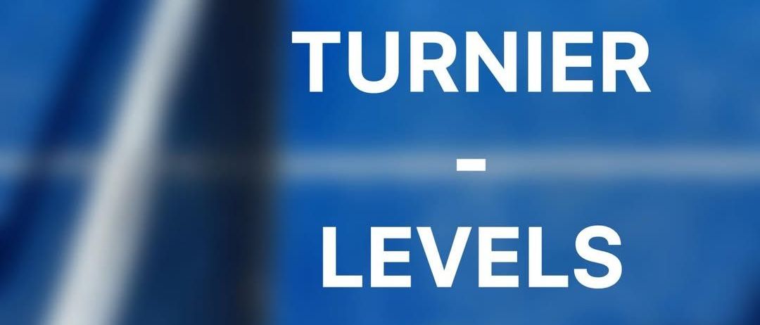 Das Bild zeigt einen blauen Tennisplatz mit den Worten 'TOURNER - LEVELS' in weiß. Ein Tennisball ist im Vordergrund verschwommen. Unten steht in weiß 'Wir erklären euch, welche Levels es gibt...'