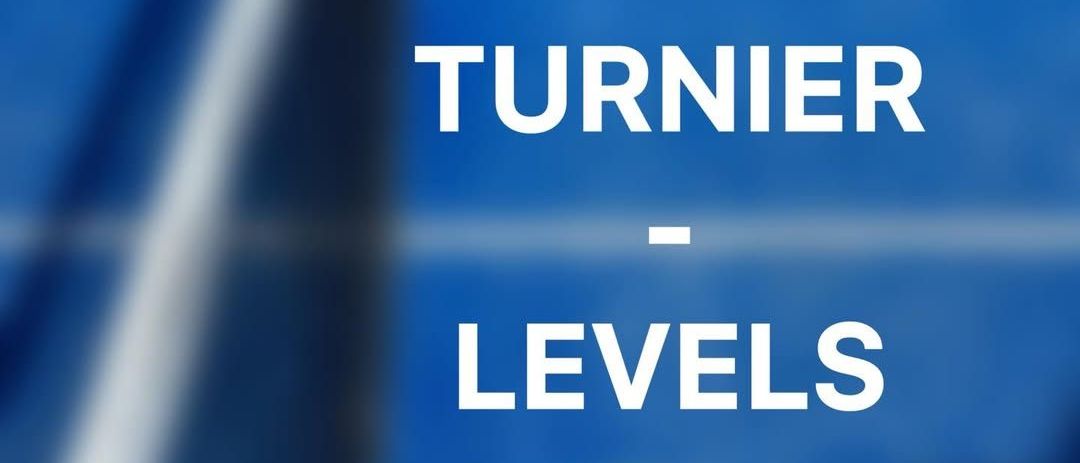 Das Bild zeigt einen blauen Tennisplatz mit den Worten 'TOURNER - LEVELS' in weiß. Ein Tennisball ist im Vordergrund verschwommen. Unten steht in weiß 'Wir erklären euch, welche Levels es gibt...'