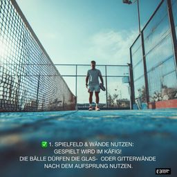 Ein Mann steht auf einem blauen Padel-Court und hält Schläger und Ball. Der Platz ist von einem Zaun mit Netz umgeben. Der Himmel ist blau mit einigen Wolken.