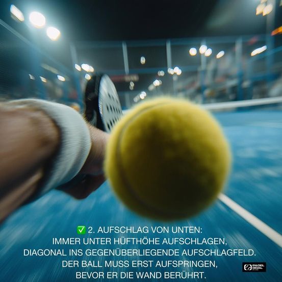 Ein Tennisspieler schlägt einen Ball auf einem Court und zielt diagonal. Der Ball muss abprallen, bevor er die Wand trifft.