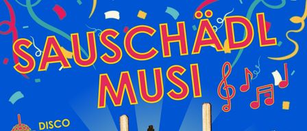 Plakat für die Buschenschank Hofer Toni Veranstaltung. Zeigt ein Schwein mit einem Apfel, Musiknoten und das Datum 07.02.2026. Veranstaltungen umfassen Disco, Sauschädl, Verhandlung und mehr.