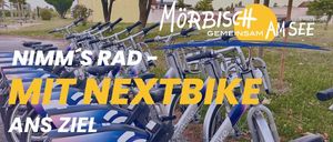 Werbung für ein Fahrradverleihprogramm in Mörbish, das eine Reihe von Fahrrädern mit dem Text 'MM's Rad - Nextbike Ziel' und einem Logo für Mörbish Gemeinsam zeigt.