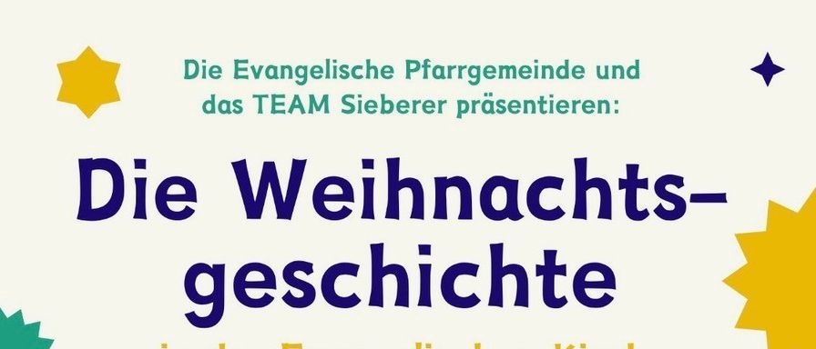 Werbeplakat für eine Weihnachtsgeschichte-Veranstaltung in der Evangelischen Kirche von Morbisch am See. Die Veranstaltung beinhaltet eine theatralische Aufführung nach Charles Dickens' Weihnachtsgeschichte. Das Plakat zeigt drei Bilder: eine Person mit einem Stab, eine Person beim Lesen und eine lächelnde Frau. Datum und Uhrzeit der Veranstaltung sind ebenfalls angegeben.
