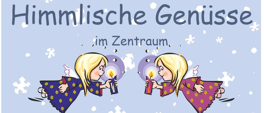 Weihnachtsmarkt mit zwei Engeln, die Kerzen halten. Termine: 29.11 und 30.11, Zeiten: 9-16 und 11-16. Angebote umfassen Weihnachtsdekoration, Geschenksets und Erfrischungen.