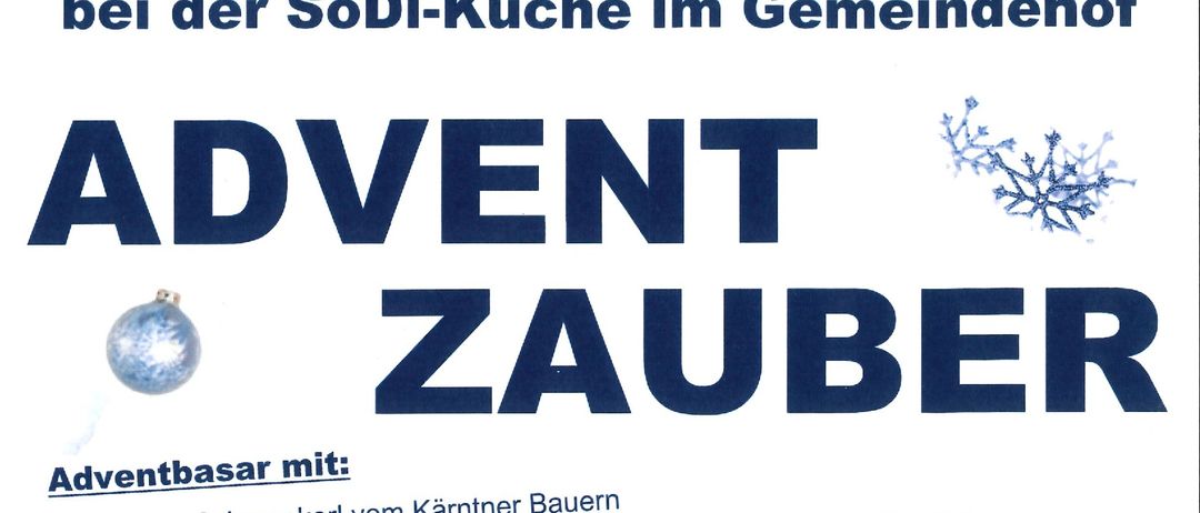 Werbeplakat für Adventzauber-Event. Zeigt eine blaue Schneeflocke und Text, der verschiedene Aktivitäten wie kulinarische Workshops und Weihnachtsbasteln für Kinder beschreibt. Zeiten für verschiedene Veranstaltungen sind aufgelistet.
