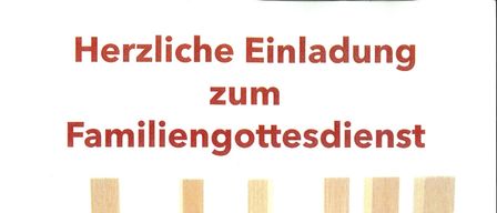 Ein Bild kündigt einen Familiengottesdienst mit Krippenspiel am Sonntag, 21.12.2025 um 10 Uhr an. Die Holzblöcke zeigen Figuren wie Jesus, Maria, Josef und andere.