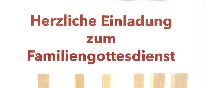 Ein Bild kündigt einen Familiengottesdienst mit Krippenspiel am Sonntag, 21.12.2025 um 10 Uhr an. Die Holzblöcke zeigen Figuren wie Jesus, Maria, Josef und andere.