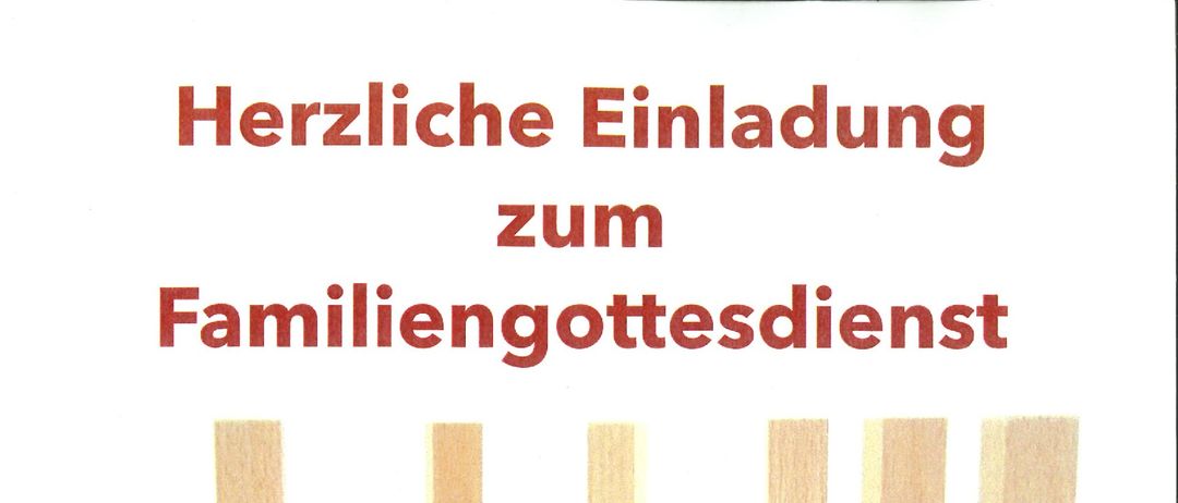 Ein Bild kündigt einen Familiengottesdienst mit Krippenspiel am Sonntag, 21.12.2025 um 10 Uhr an. Die Holzblöcke zeigen Figuren wie Jesus, Maria, Josef und andere.