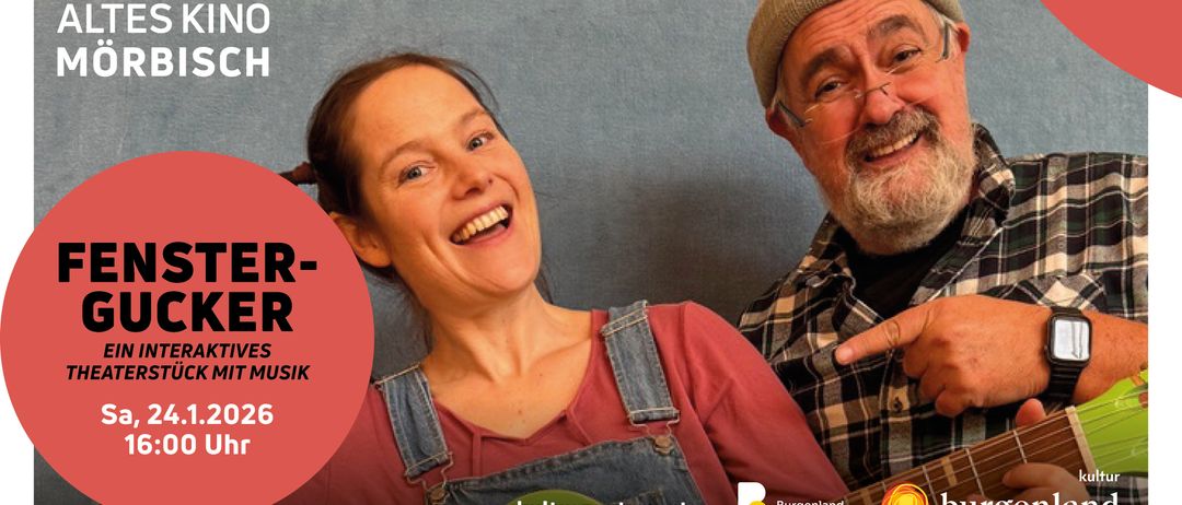 Eine lächelnde Frau in einer Latzhose und ein Mann in einer Mütze posieren für ein Foto vor einem grauen Hintergrund und einem roten Kreis mit Text und Logos.