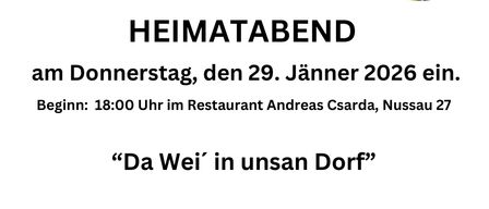 Plakat für das Heimatabend-Event in Morbisch, geplant für den 29. Januar 2026. Es lädt Einheimische und Gäste ein, Wein im Andreas Csarda Restaurant zu genießen. Der Abend beginnt um 18:00 Uhr.