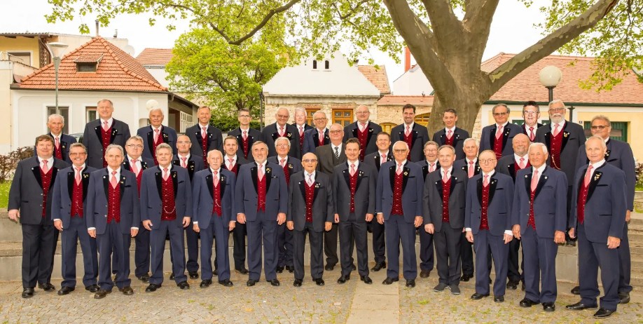 Ein Chor älterer Männer in formeller Kleidung, die vor einem Baum stehen, mit Gebäuden und Grün im Hintergrund.