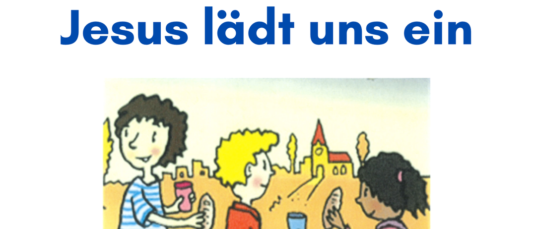 Eine Illustration von Kindern, die Becher halten und auf einem Feld mit einer Kirche im Hintergrund laufen. Darunter steht: 'Familiengottesdienst mit Heiligem Abendmahl, Sonntag, 22.02.2026, 10:00 Uhr, Evangelische Kirche.'