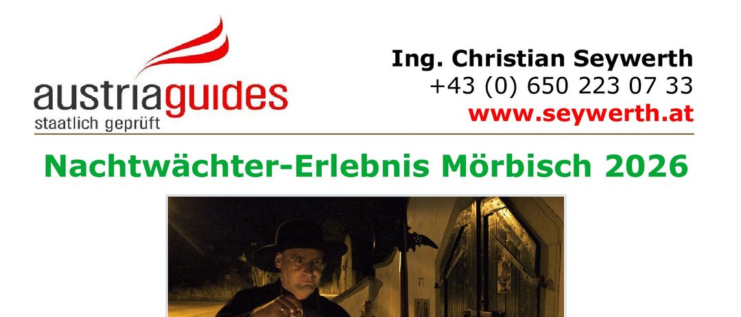 Nachtwächter-Erlebnis Morbisch 2026. Ein Mann mit Laterne und Stab steht bei einer alten Tür. QR-Code für Anmeldung. Geplant im Tourismusbüro. Deutsche Beschreibung.