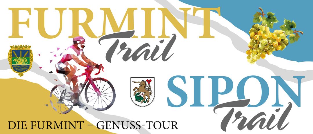 Plakat für den Furmint-Trail, eine Radtour. Es zeigt einen Radfahrer, Trauben und ein Logo. Die Veranstaltung findet am Freitag, 27. März, um 10 Uhr statt. Der Treffpunkt ist am RUSST Rathaus.