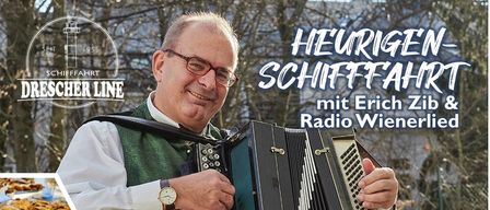 Plakat für eine Schiffsfahrt am Neusiedler See mit Akkordeonspieler Erich Zib und Kollegen. Termine: 7. Mai, 4. Juni, 2. Juli, 6. August, 3. September, 1. Oktober 2026. Abfahrt um 17:00 Uhr in Hafen Mörbisch. Buffet und burgenländischer Gulyássuppe inklusive.