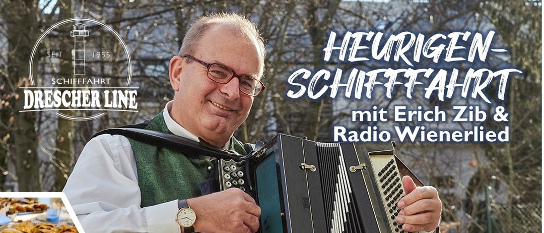 Plakat für eine Schiffsfahrt am Neusiedler See mit Akkordeonspieler Erich Zib und Kollegen. Termine: 7. Mai, 4. Juni, 2. Juli, 6. August, 3. September, 1. Oktober 2026. Abfahrt um 17:00 Uhr in Hafen Mörbisch. Buffet und burgenländischer Gulyássuppe inklusive.