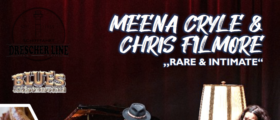 Plakat für eine Schifffahrt mit Meeena Cryle und Chris Filmore. Ein intimes Konzert mit Grill und Essen wird angeboten. Bilder eines Musikers, einer Sängerin und Landschaftsausblicke sind enthalten.