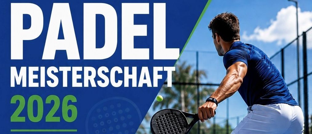 Ein Plakat für die Meisterschaft 2026 mit einem Tennisspieler, der einen Ball schlägt. Geplant für den 11. Juli 2026, Beginn um 10:00 Uhr auf dem Seebad Mörbisch Padel Court. Das Programm umfasst Matches um 10:00 Uhr, 13:00 Uhr und 14:00 Uhr.