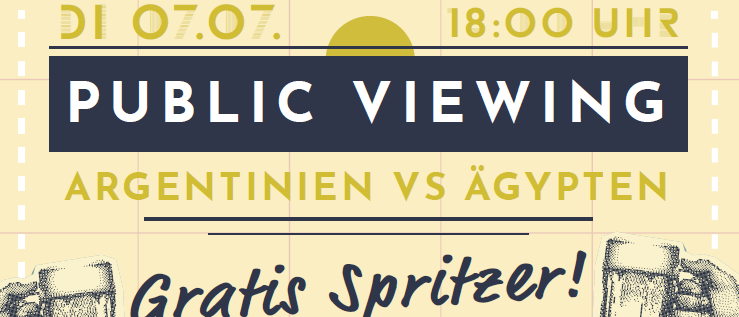 Werbeplakat für eine öffentliche Übertragung von Argentinien gegen Ägypten. Kostenlose Getränke von 18:00 bis 20:00 Uhr. Live-Spiel am Strand.