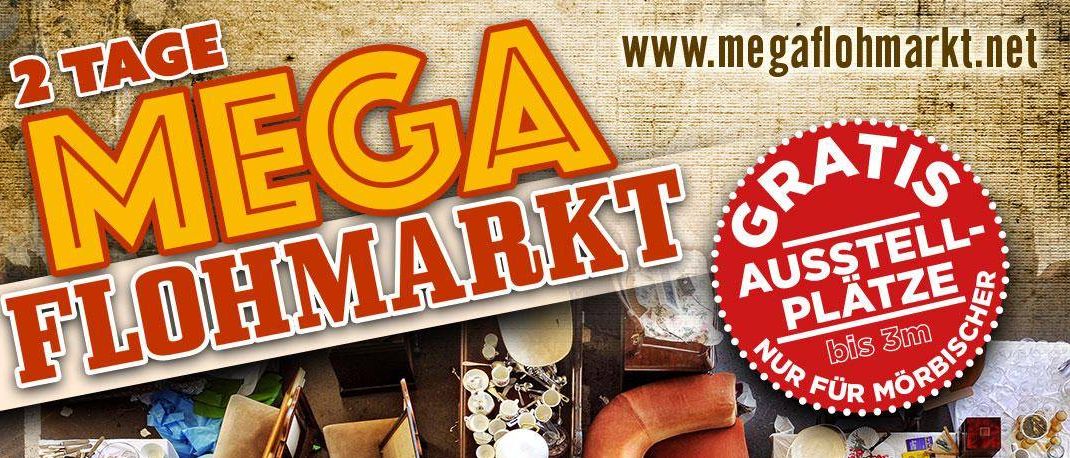 Plakat für einen zweitägigen Mega-Flohmarkt in Mörbisch am See, mit verschiedenen ausgestellten Artikeln und kostenlosen Ausstellungsflächen bis zu 3 Metern. Geplant für den 5. und 6. September, von 7:00 Uhr bis 14:00 Uhr.