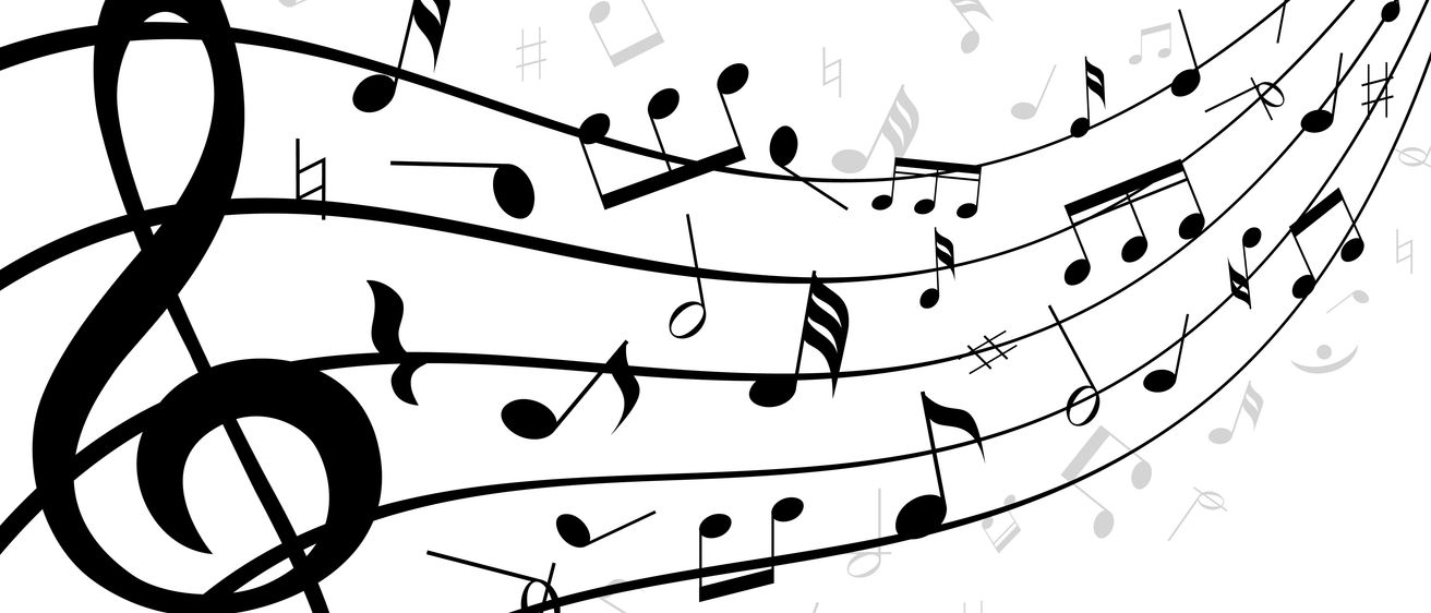 Ein abstraktes Schwarz-Weiß-Bild von Musiknoten, die in einer wellenförmigen Anordnung auf einem weißen Hintergrund fließen.
