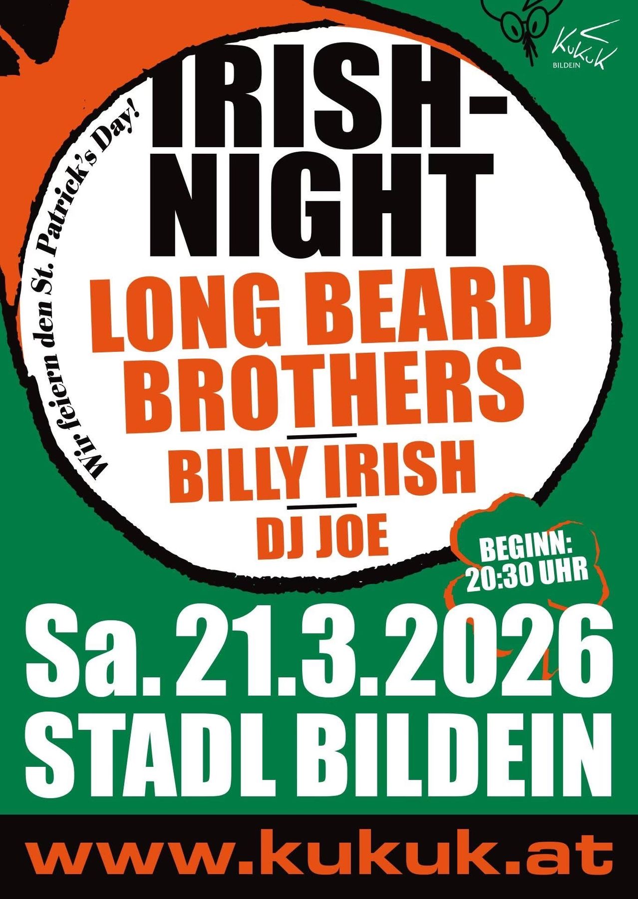 Plakat für die irische Nacht mit Long Beard Brothers, Billy Irish und DJ Joe, geplant für Samstag, den 21. März 2026, Beginn um 20:30 im Stadion Bildein.