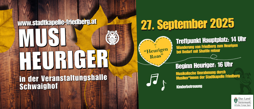 Veranstaltungsposter für den musikalischen Abend in Friedberg. Es zeigt ein Blatt und eine Biene und erwähnt eine musikalische Reise, Shuttleservice und Kinderaktivitäten.