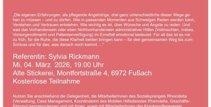 Poster for an event titled 'Our Shared Path to the End and Beyond'. Features an image of a woman with glasses, Sylvia Rickmann, who will be speaking. Event details include date, time, and location. Information on how to contact the organizers and additional event details.