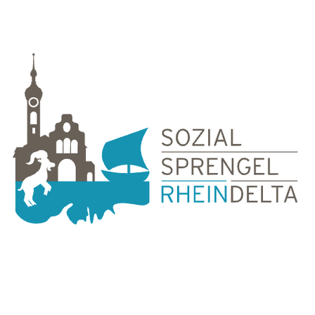 Logo with 'Sozial Sprengel Rheindelta' in German, featuring a clock tower, a goat, and a sailboat.