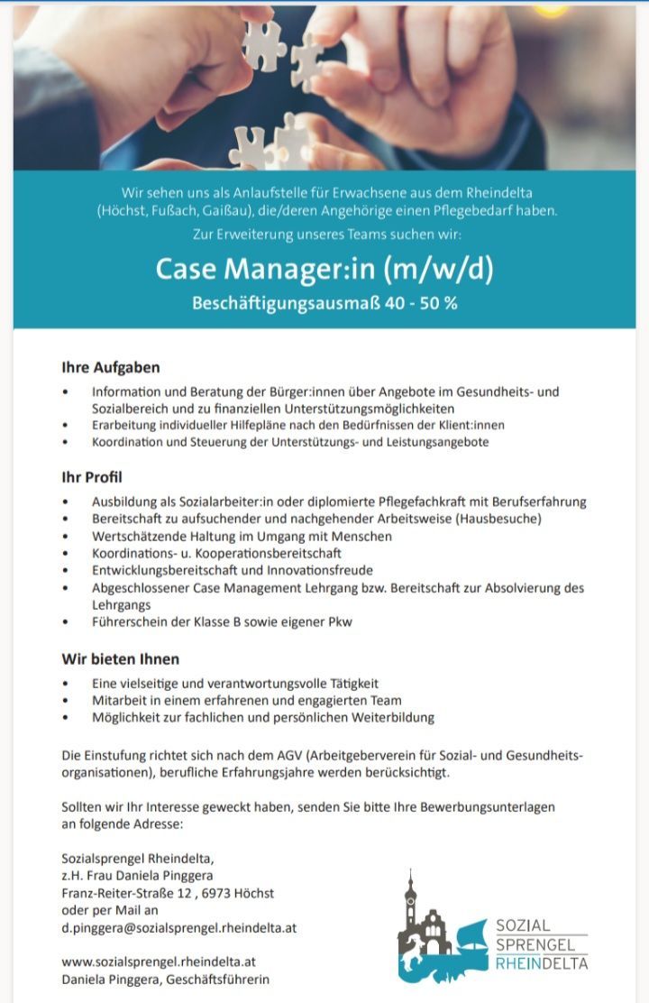 Eine Stellenausschreibung für einen Case Manager von einer Sozial- und Gesundheitsorganisation in der Region Rheinland sucht Bewerber mit einem Abschluss in Sozialarbeit oder Pflege. Aufgaben umfassen die Beratung von Klienten zu Gesundheits- und Sozialdiensten, die Entwicklung individueller Unterstützungspläne und die Koordination von Unterstützungsleistungen. Anforderungen sind relevante Erfahrung, Führerschein der Klasse B und Möglichkeiten zur beruflichen Weiterentwicklung.