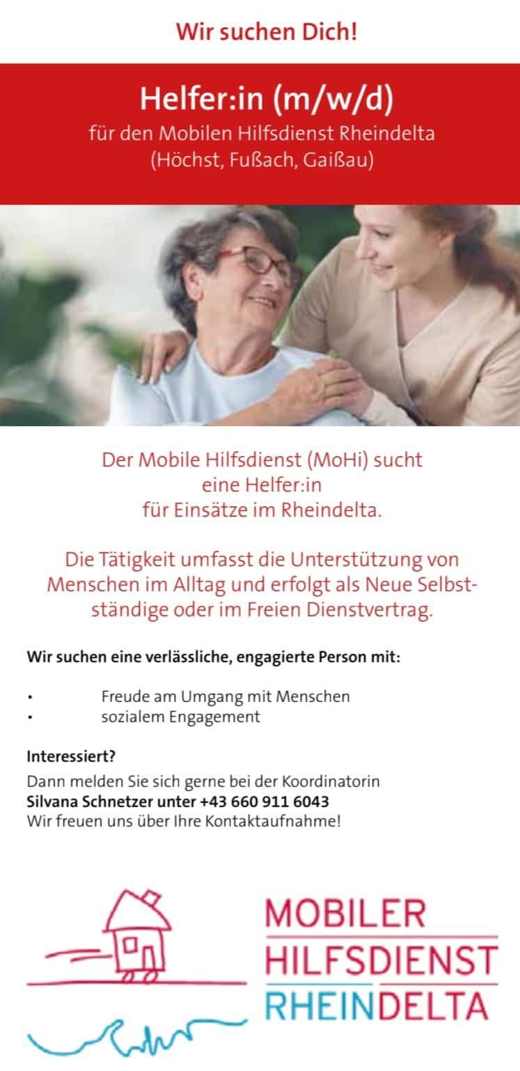 The Mobile Assistance Service (MoHi) is looking for a helper for tasks in the Rheindelta. The activity involves supporting people in everyday life and occurs as a new self-employed or freelance service contract.