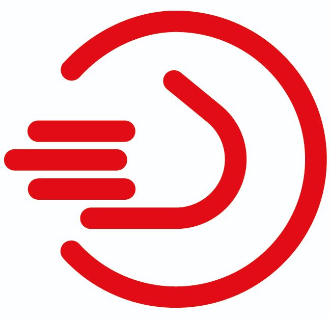 Ein rotes kreisförmiges Logo mit einem stilisierten 'S' und drei horizontalen Linien darüber, ähnlich einem Geschwindigkeits- oder Fortschrittssymbol.