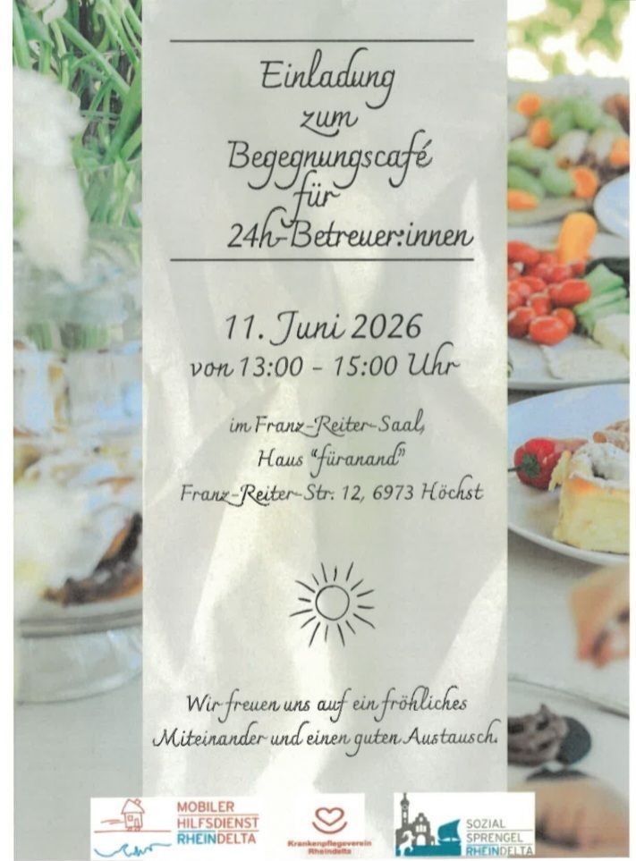 An invitation to a meeting for 24-hour caregivers. On June 11, 2026, from 1:00 PM to 3:00 PM, at Franz Reiter Hall, House 'Furand', Franz Reiter Street 12, 6973 Hochst. Join us for a joyful gathering and good exchange.