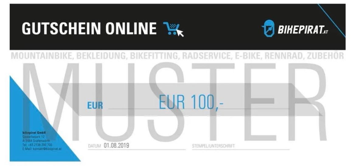 Eine Werbung für Fahrräder, Bekleidung, Fahrradeinstellung, Service, E-Bikes und Radfahren. Es beinhaltet einen Preis von 100 EUR und ein Datum vom 01.08.2019. Es gibt einen Platz für einen Stempel und eine Unterschrift.