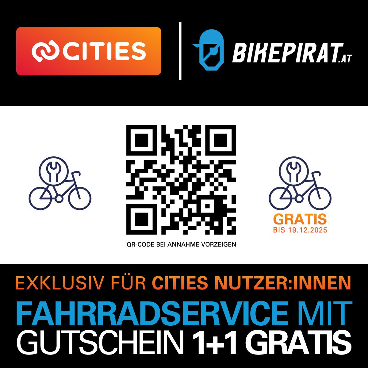 Werbeanzeige für Bikepirat.at mit QR-Code und kostenlosem Fahrradservice-Angebot bis 19.12.2025.