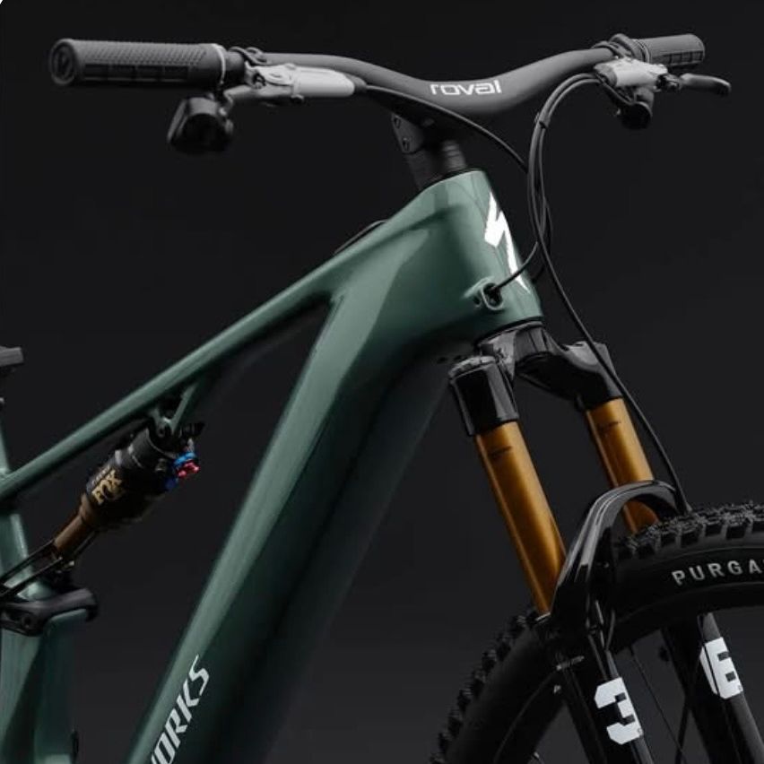 Close-up of a green bicycle with 'roval' on the handlebars and 'PURGA' on the wheel. The word 'WORKS' is written on the side of the bike.