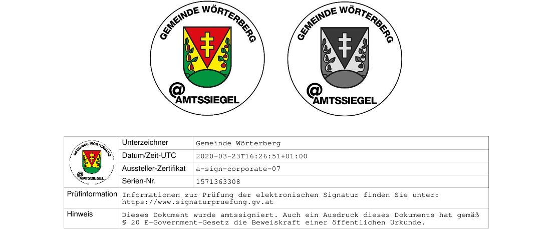 Amtssiegel der Gemeinde Wörtherberg, datiert vom 23. März 2020. Die Gemeinde verwendet spezifische Siegel für amtsgeführten Dokumente. Informationen zur Überprüfung des elektronischen Siegels finden Sie unter www.signatureproof.gv.at. Details umfassen Siegelaussteller, Datum und Seriennummer.